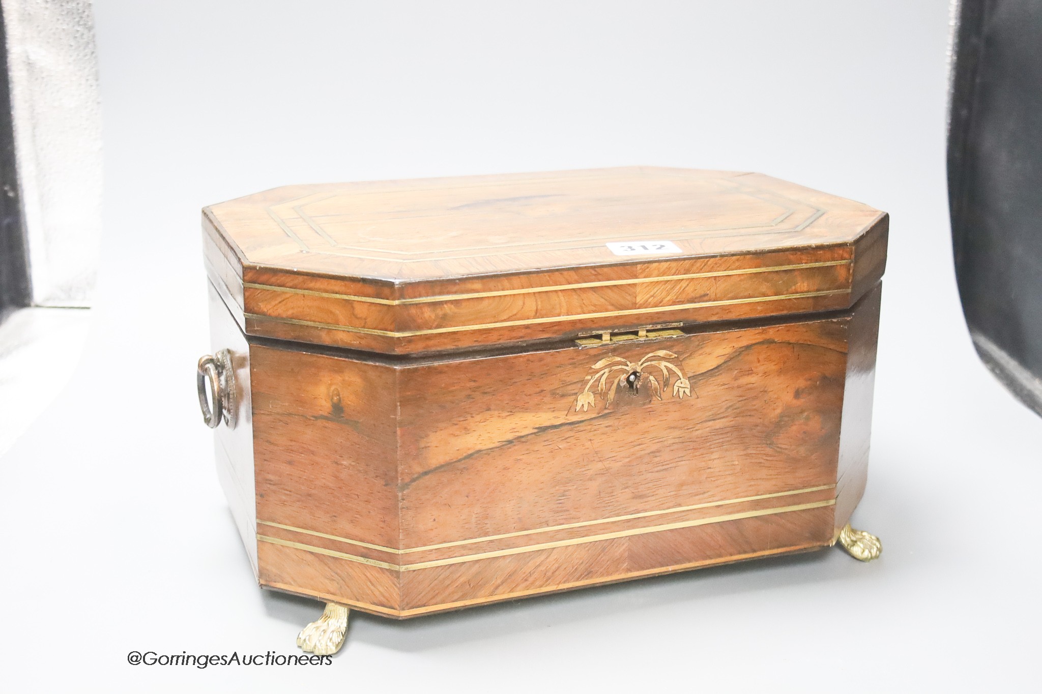 A large 19th century brass banded rosewood work box, width 33cm height 18cm